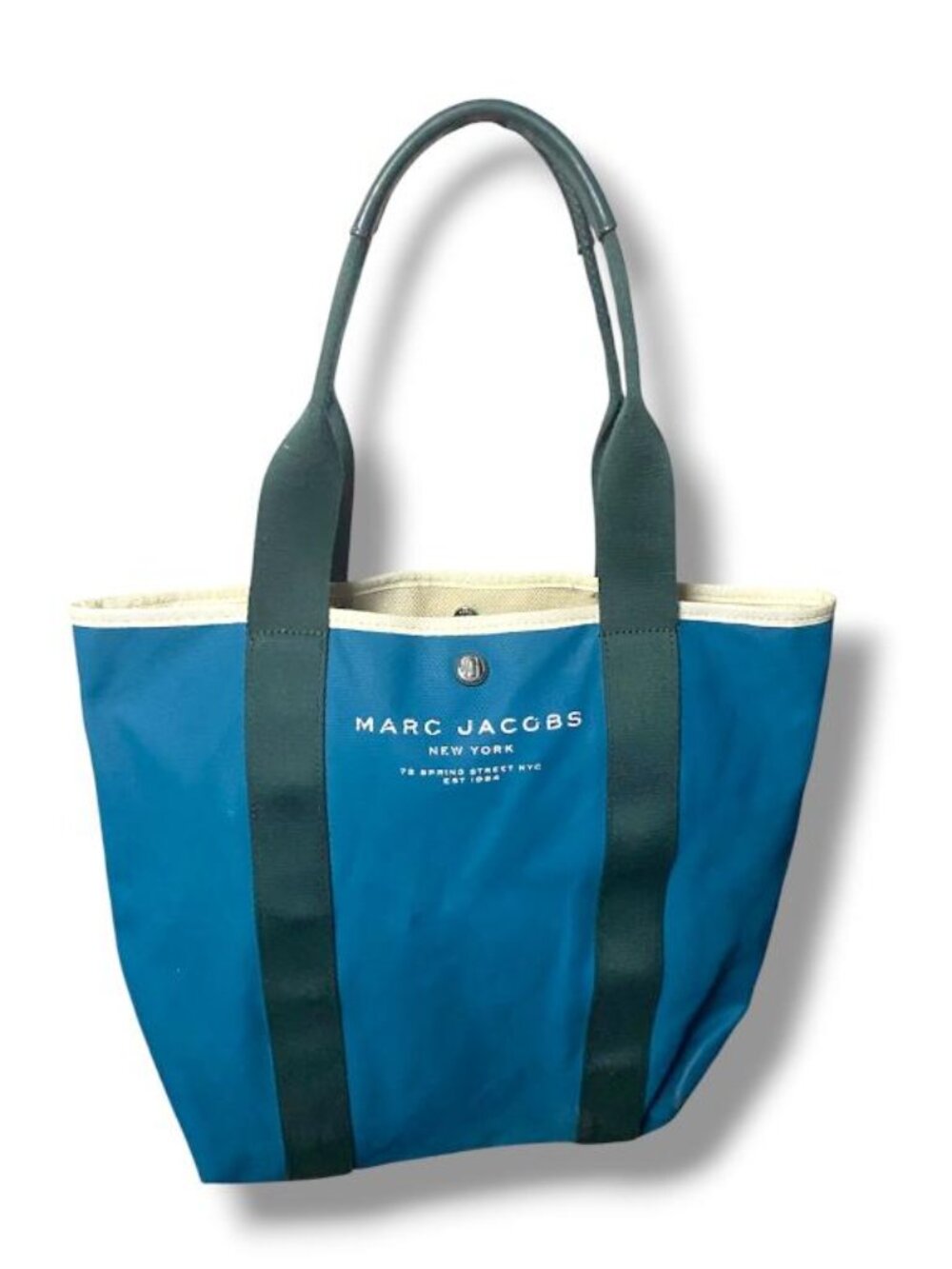 Marc Jacobs Teal Canvas Tote with Dark Green Straps and Cream Trim